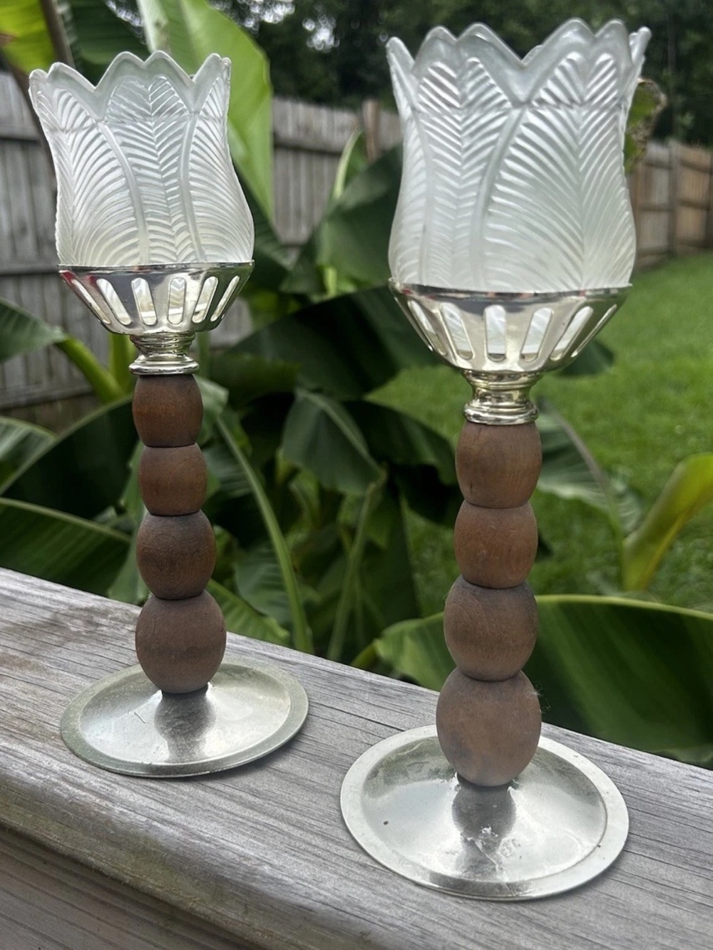 2 Vintage MCM CRISTAL PRIMITIVE 9.5" CANDLE HOLDERS Wood Steam Made in Uruguay